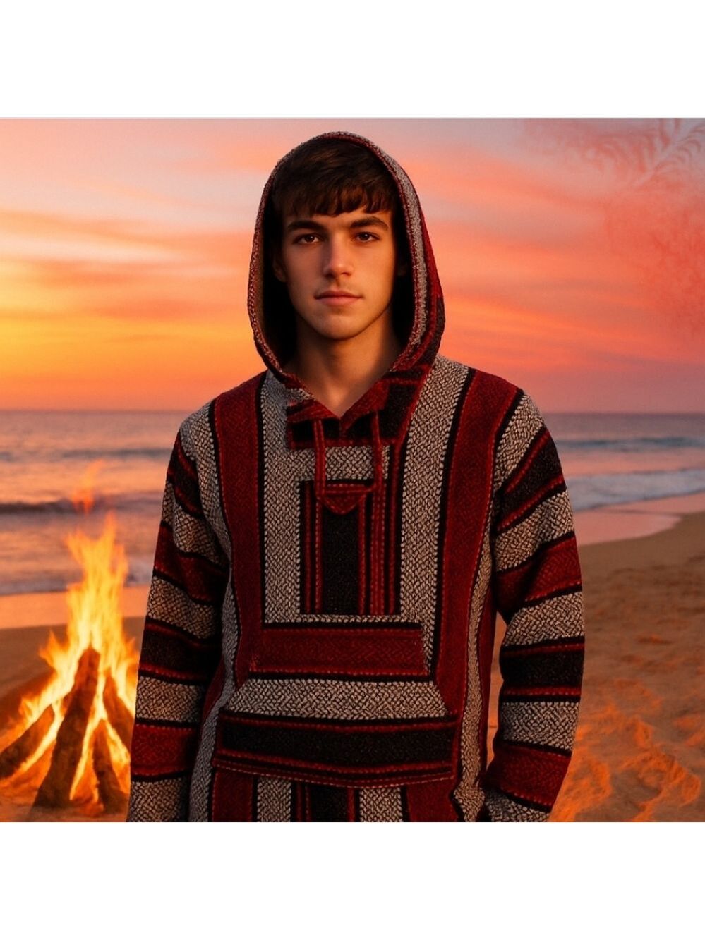 Baja Hoodie Jerga Pullover Red Black White Boho Fleece Sweater Unisex M